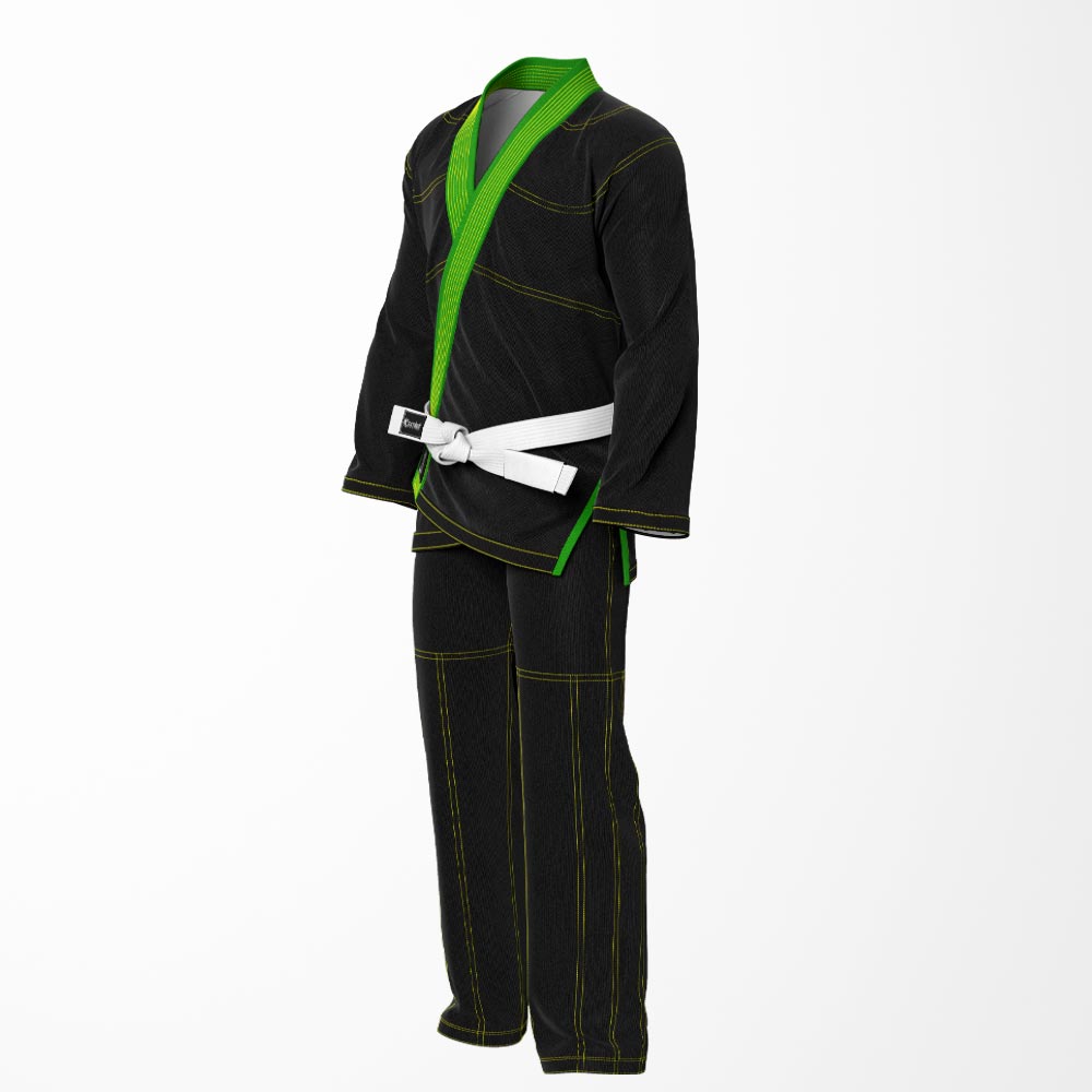 Combat Basic Black with Gold Stitching and Green Lapel Brazilian Jiu Jitsu Gi (BJJ GI)
