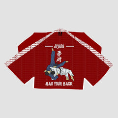 JESUS HAS YOUR BACK Sublimation Brazilian Jiu Jitsu Gi - Red/White BJJ GI