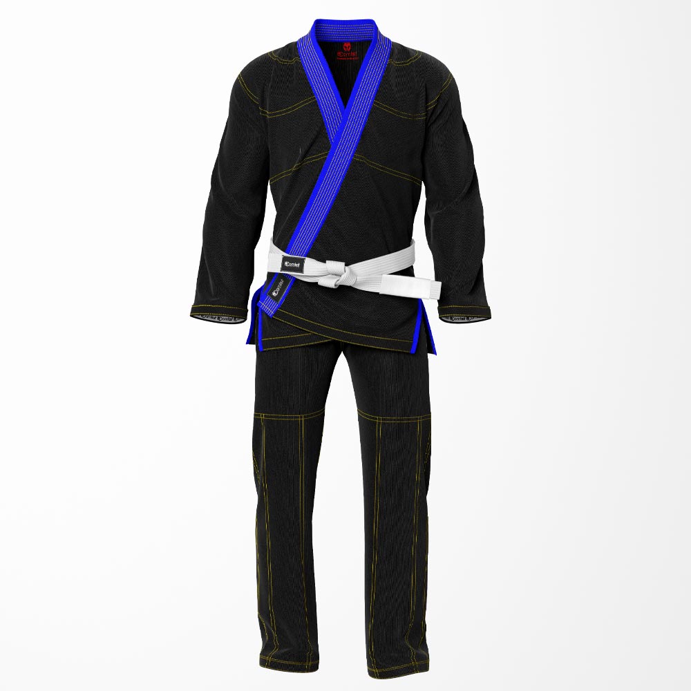 Combat Basic Black with Gold Stitching and Blue Lapel Brazilian Jiu Jitsu Gi (BJJ GI)