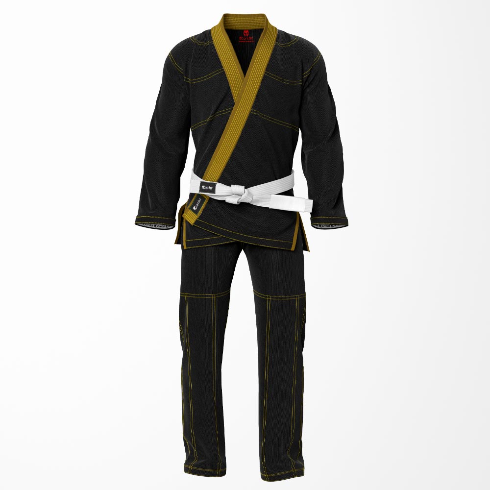 Combat Basic Black with Gold Stitching and Brown Lapel Brazilian Jiu Jitsu Gi (BJJ GI)