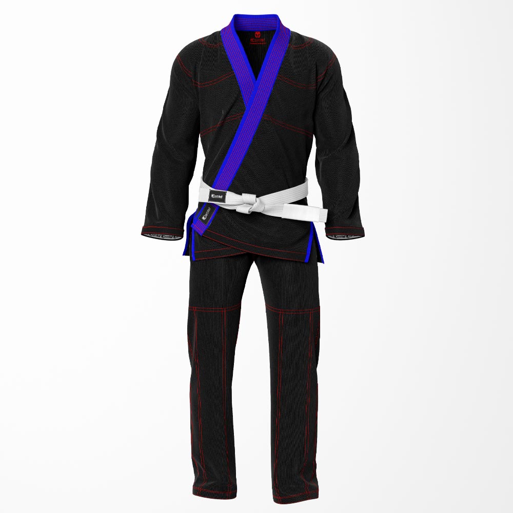 Combat Basic Black with Red Stitching and Blue Lapel Brazilian Jiu Jitsu Gi (BJJ GI)
