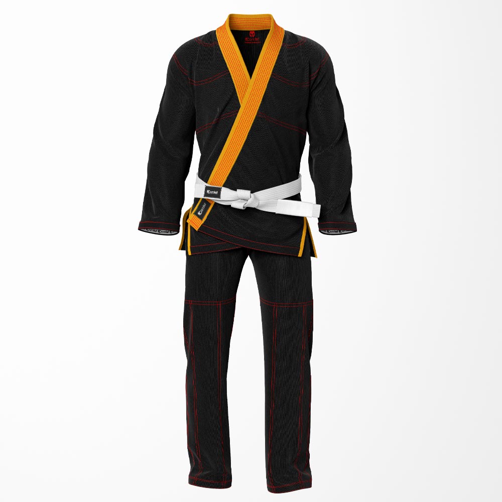 Combat Basic Black with Red Stitching and Gold Lapel Brazilian Jiu Jitsu Gi (BJJ GI)