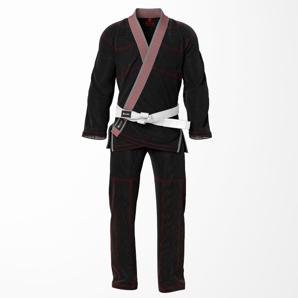 Combat Basic Black with Red Stitching and Gray Lapel Brazilian Jiu Jitsu Gi (BJJ GI)