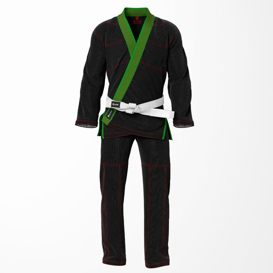 Combat Basic Black with Red Stitching and Green Lapel Brazilian Jiu Jitsu Gi (BJJ GI)