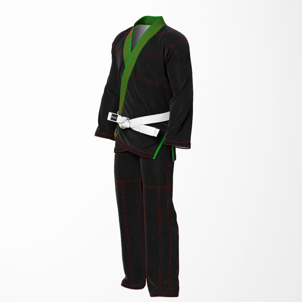 Combat Basic Black with Red Stitching and Green Lapel Brazilian Jiu Jitsu Gi (BJJ GI)