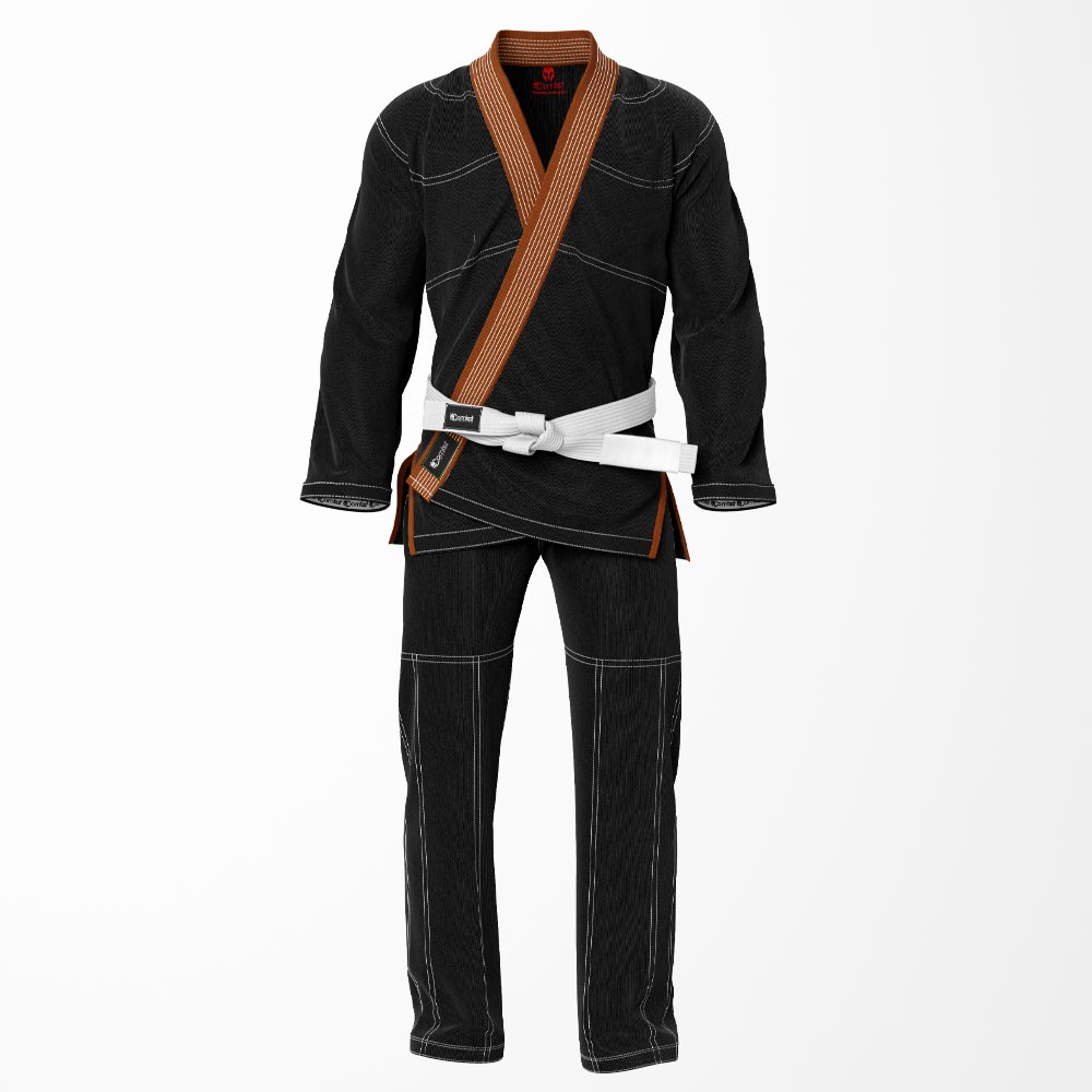 Combat Basic Black with Gray Stitching and Brown Lapel Brazilian Jiu Jitsu Gi (BJJ GI)