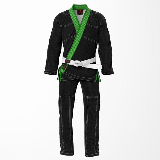Combat Basic Black with Gray Stitching and Green Lapel Brazilian Jiu Jitsu Gi (BJJ GI)