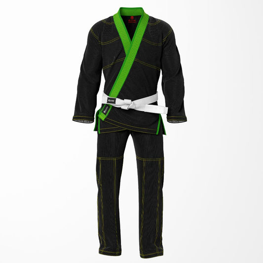 Combat Basic Black with Gold Stitching and Green Lapel Brazilian Jiu Jitsu Gi (BJJ GI)