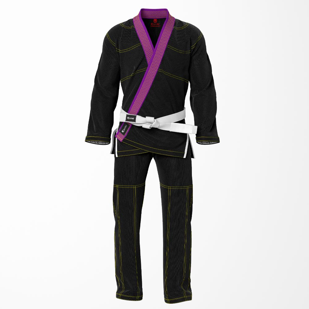 Combat Basic Black with Gold Stitching and Purpal Lapel Brazilian Jiu Jitsu Gi (BJJ GI)