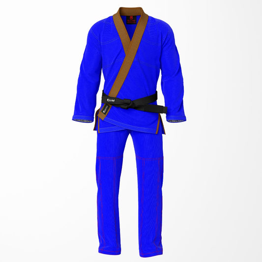 Combat Basic Blue with Gray Stitching and Brown Lapel Brazilian Jiu Jitsu Gi (BJJ GI)