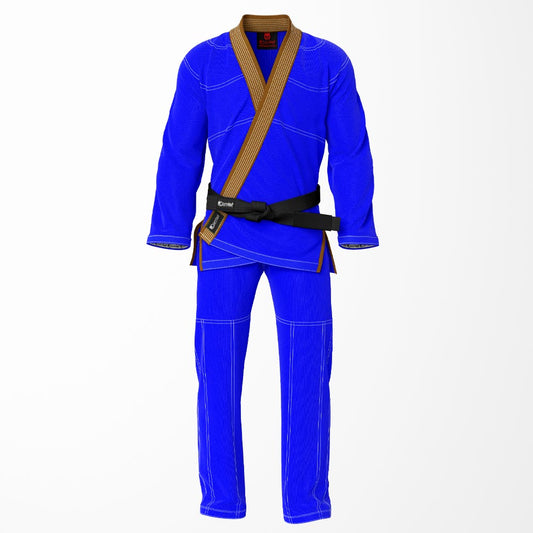 Combat Basic Blue with White Stitching and Brown Lapel Brazilian Jiu Jitsu Gi (BJJ GI)