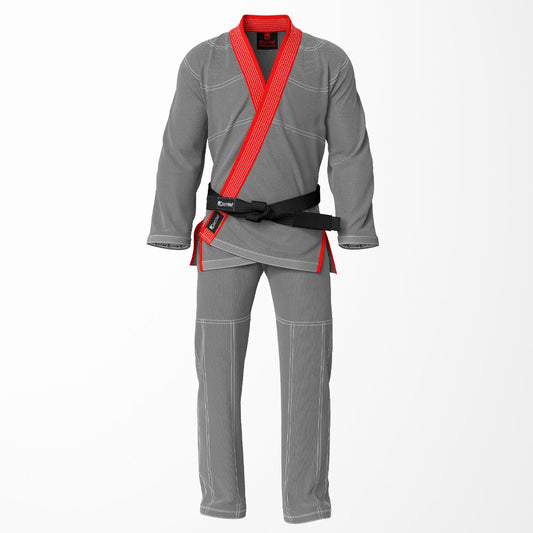 Combat Basic Gray with White Stitching and Red Lapel Brazilian Jiu Jitsu Gi (BJJ GI)