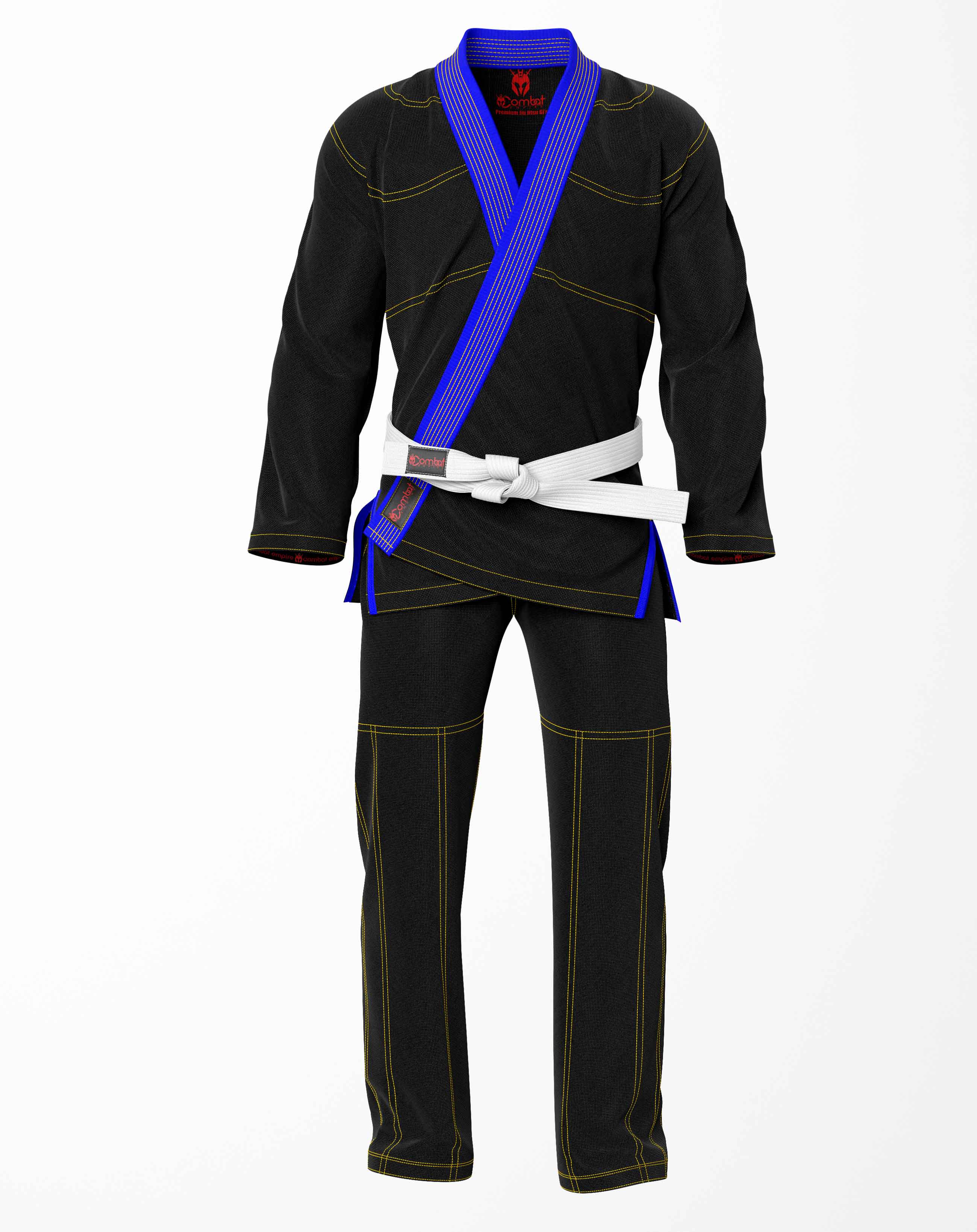 Combat Basic Black with Gold Stitching and Blue Lapel Brazilian Jiu Jitsu Gi (BJJ GI)