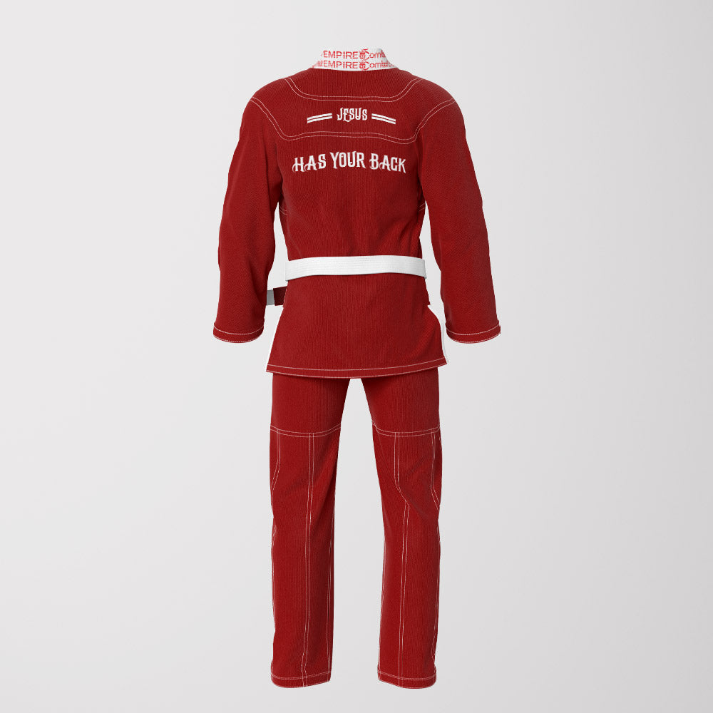 JESUS HAS YOUR BACK Sublimation Brazilian Jiu Jitsu Gi - Red/White BJJ GI