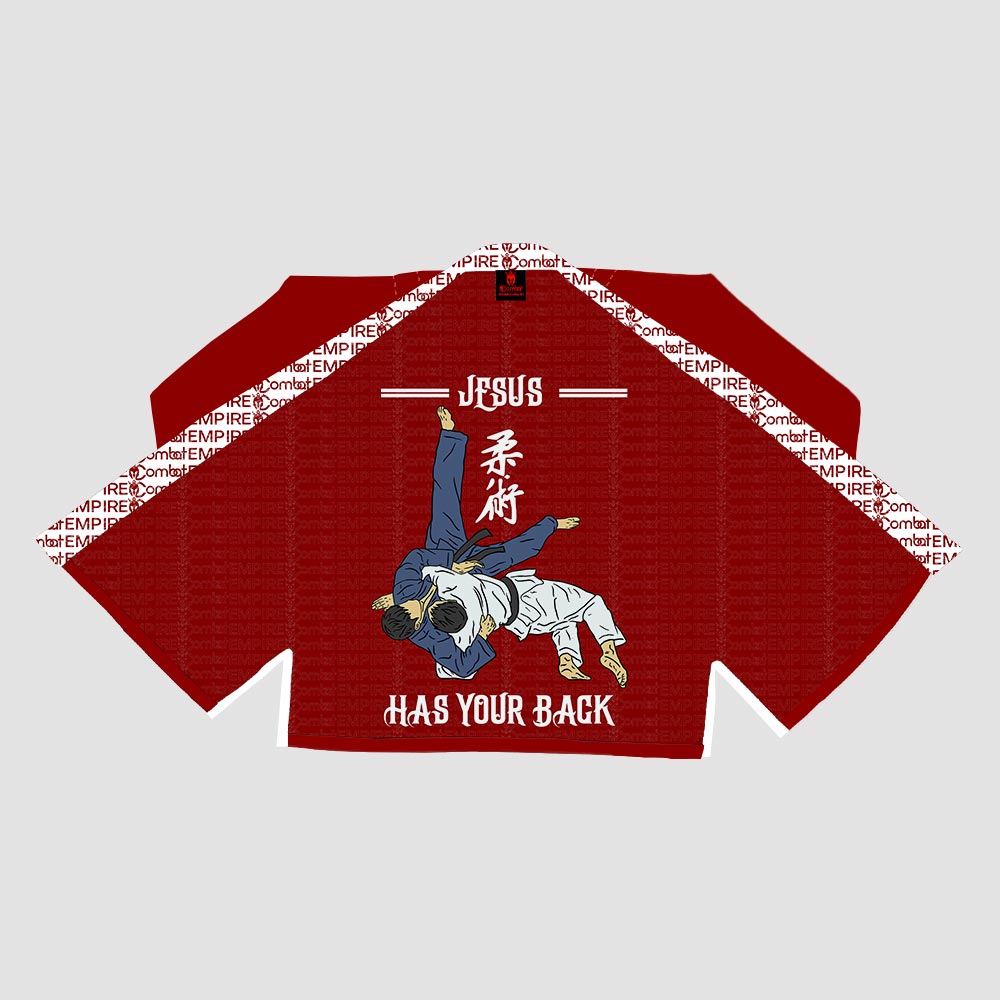 JESUS HAS YOUR BACK Sublimation Brazilian Jiu Jitsu Gi - Red/White BJJ GI