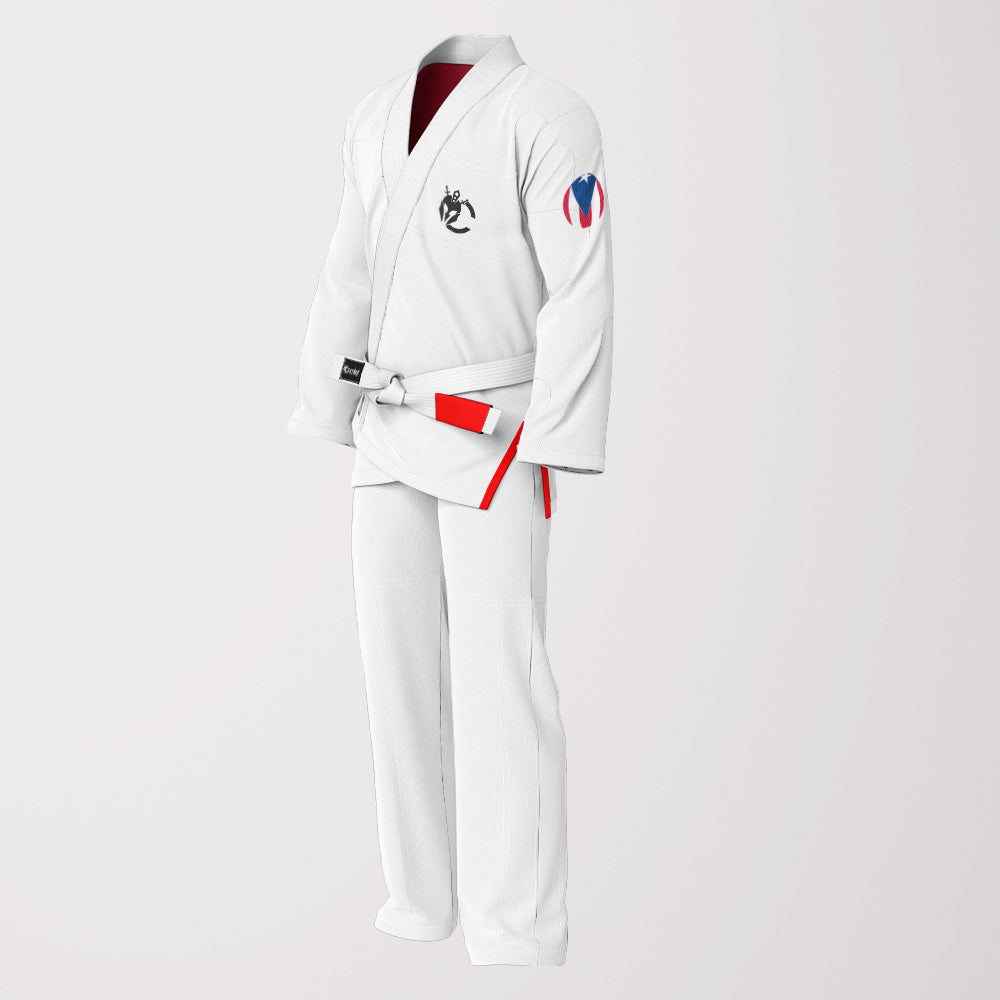 Puerto Rican Sublimation BJJ Gi – White Pearl Weave Patriotic Edition