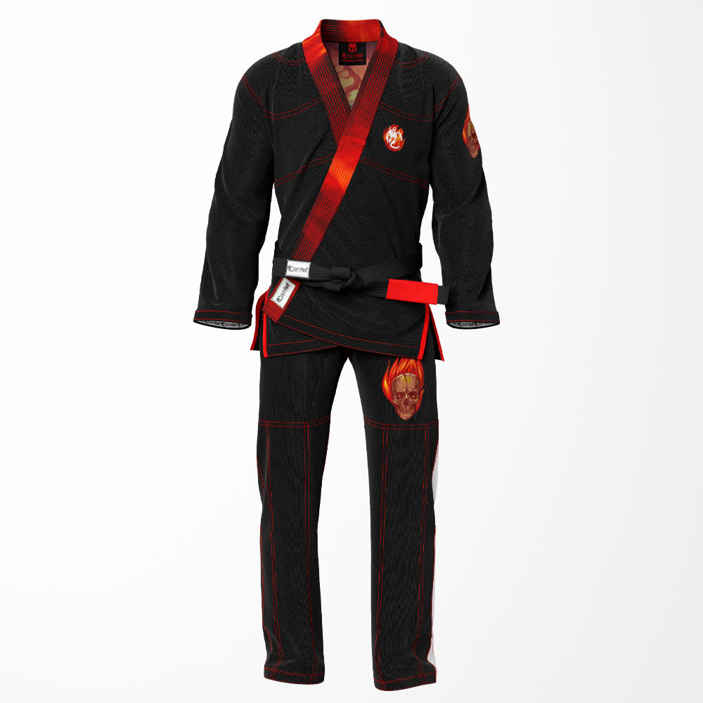 Black Fiery Skull Sublimation Brazilian Jiu Jitsu Gi - Red Lapel BJJ GI