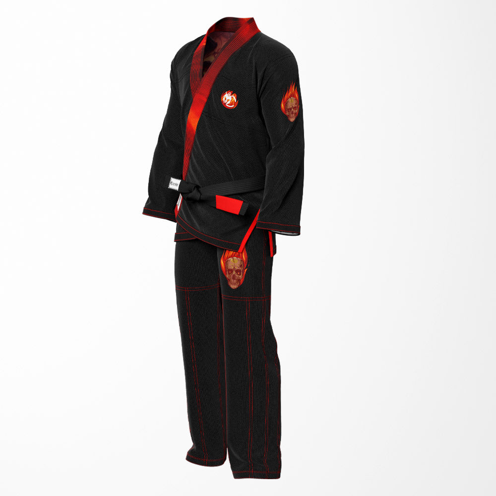 Black Fiery Skull Sublimation Brazilian Jiu Jitsu Gi - Red Lapel BJJ GI