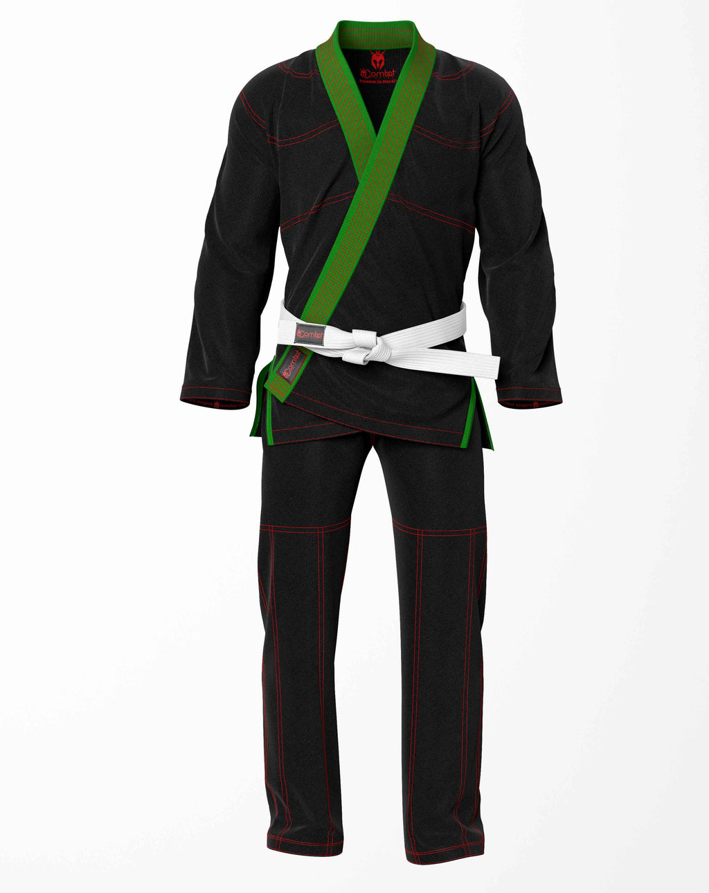 Combat Basic Black with Red Stitching and Green Lapel Brazilian Jiu Jitsu Gi (BJJ GI)