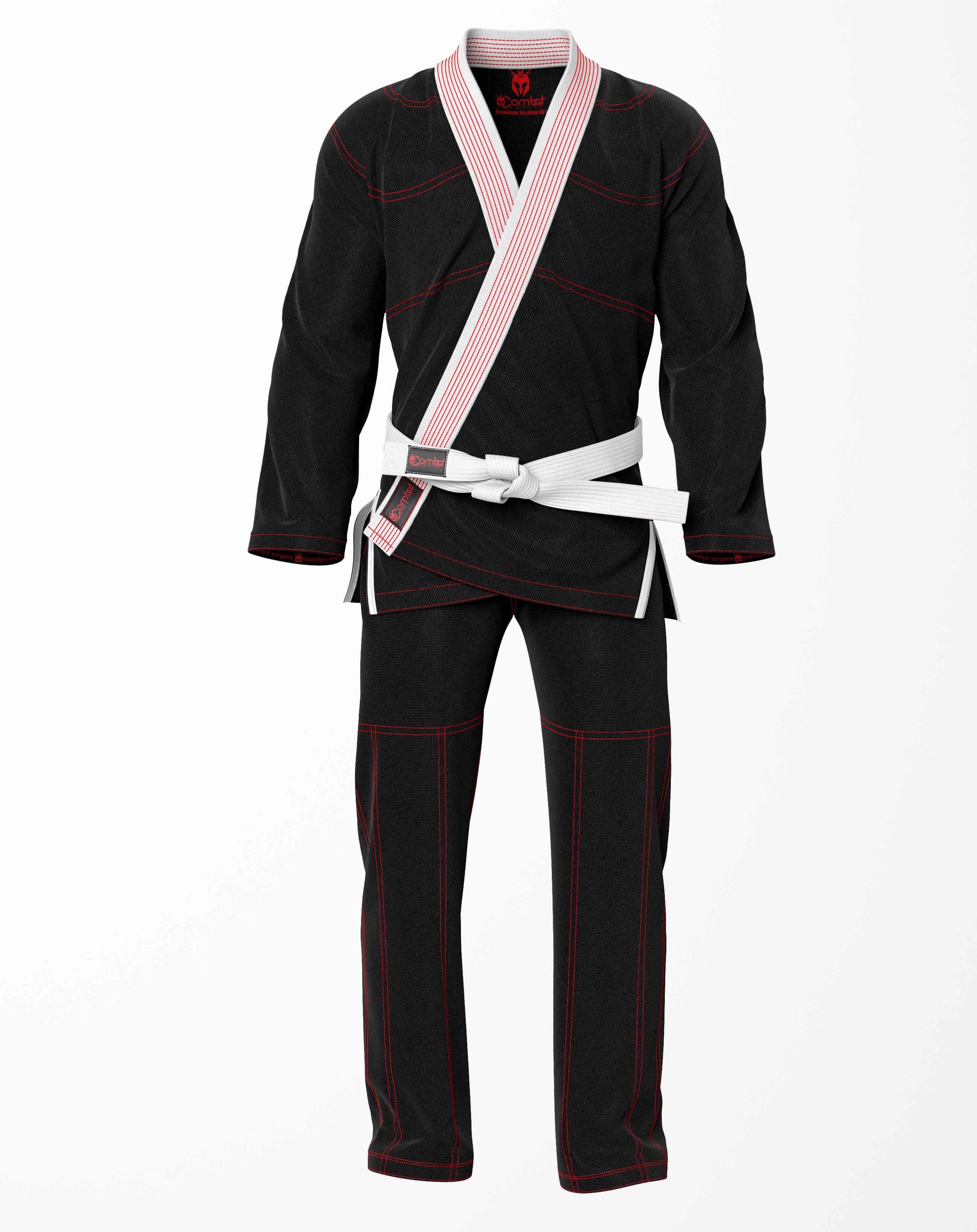 Combat Basic Black with Red Stitching and White Lapel Brazilian Jiu Jitsu Gi (BJJ GI)
