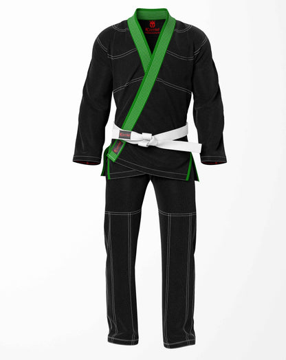 Combat Basic Black with White Stitching and Green Lapel Brazilian Jiu Jitsu Gi (BJJ GI)