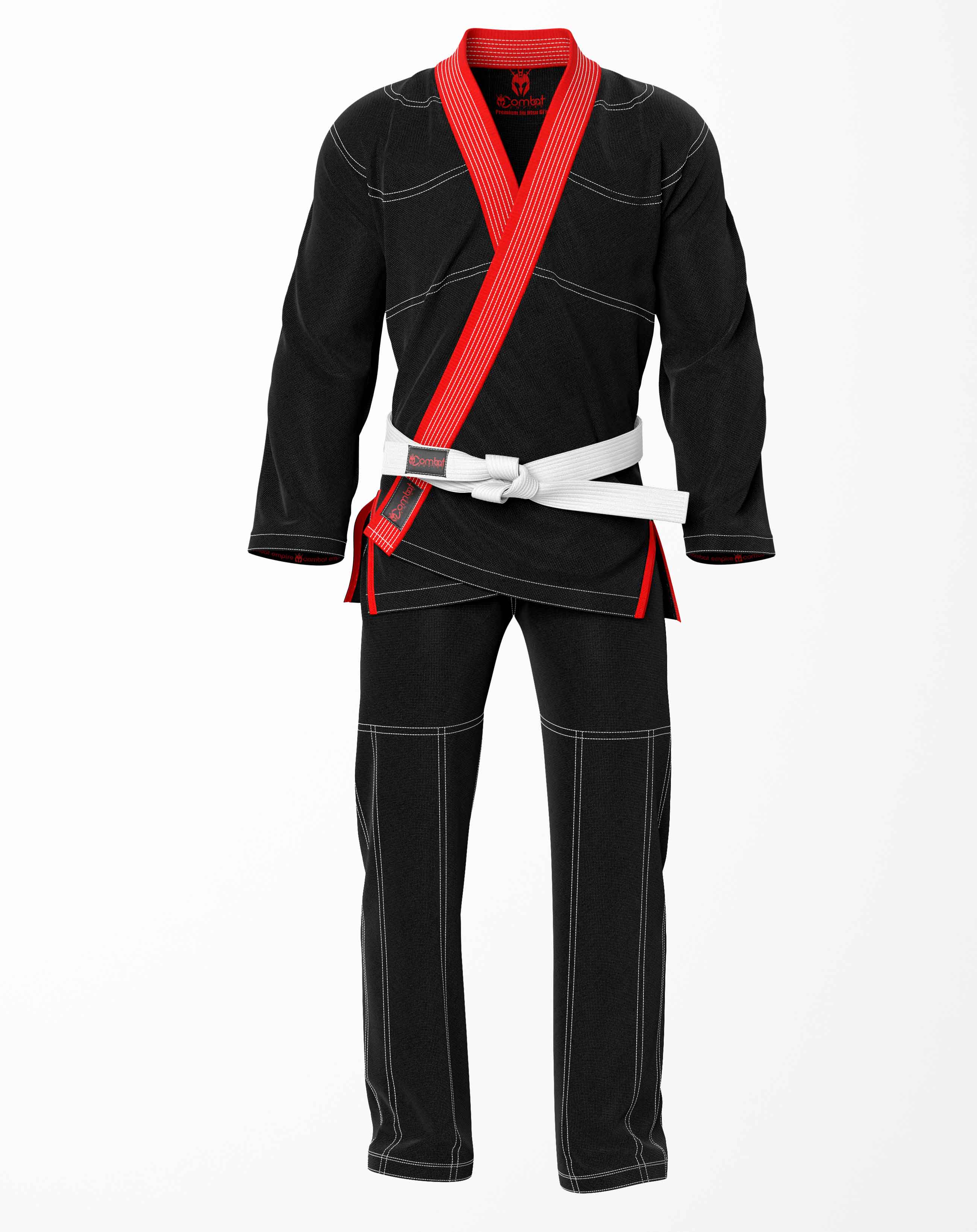 Combat Basic Black with White Stitching and Red Lapel Brazilian Jiu Jitsu Gi (BJJ GI)