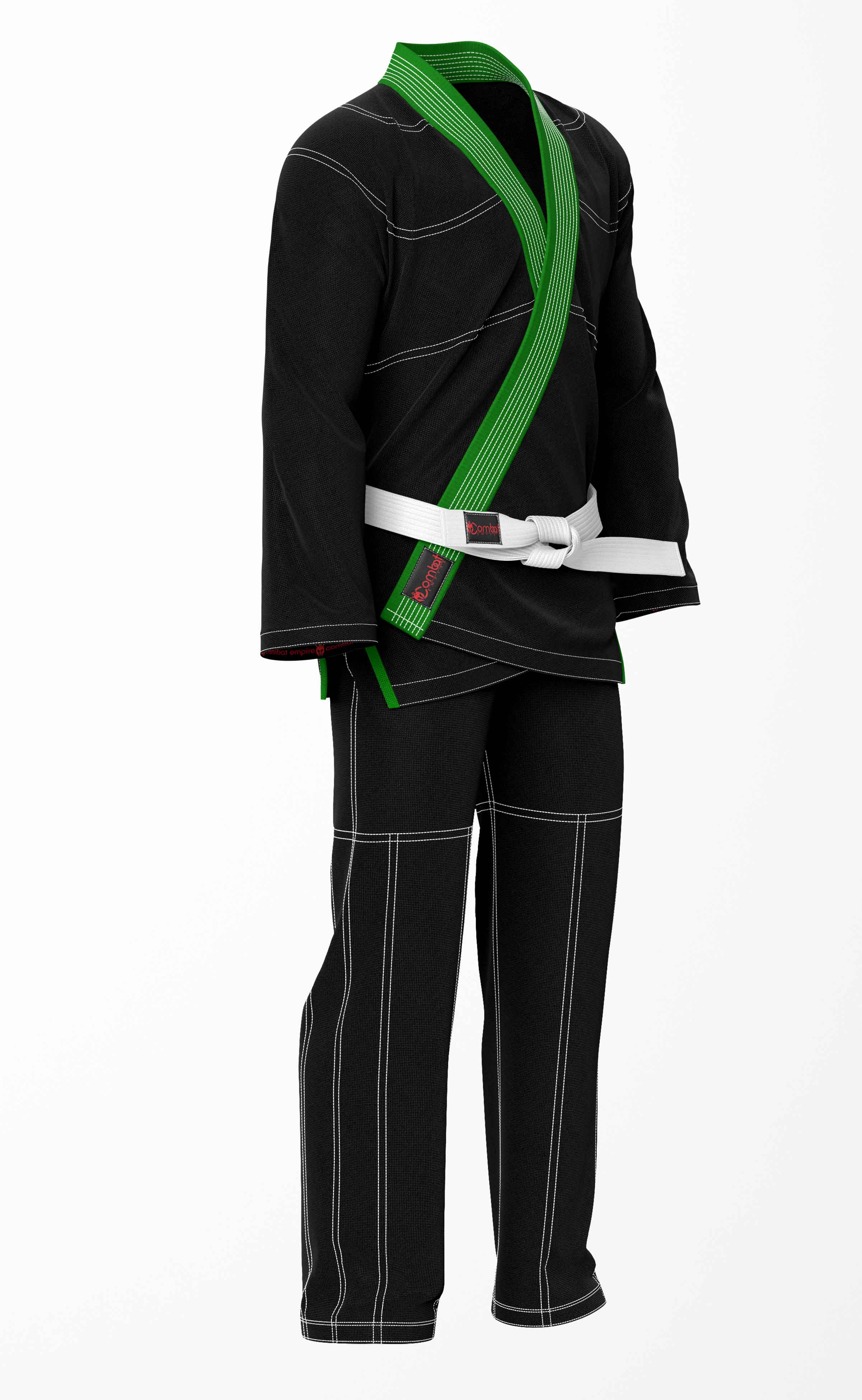 Combat Basic Black with White Stitching and Green Lapel Brazilian Jiu Jitsu Gi (BJJ GI)